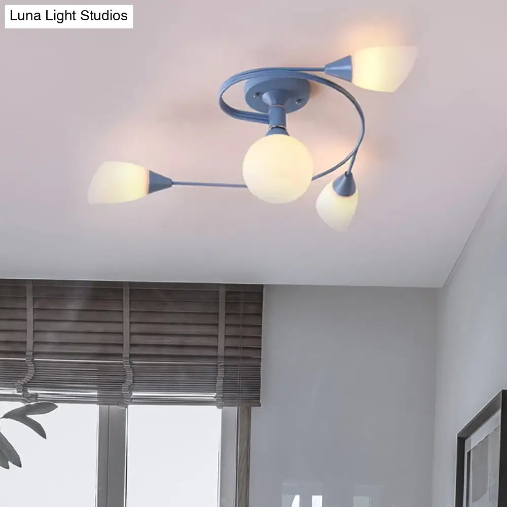 Curly Semi Flush Mount Ceiling Lamp With Nordic Iron & White Glass Shade - 4/6 Head Options In Grey