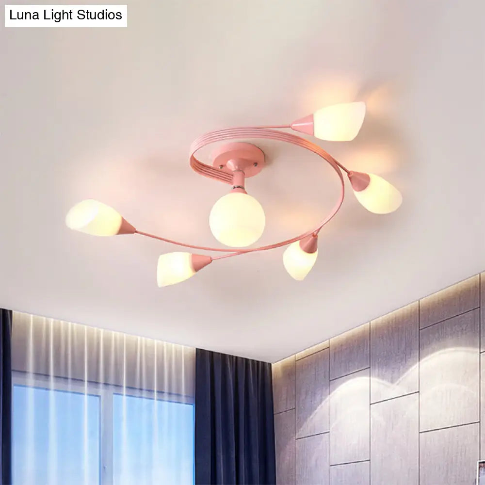 Curly Nordic Iron Semi Flush Mount Ceiling Light With Glass Shades In Grey/Pink/Yellow - 4/6-Head