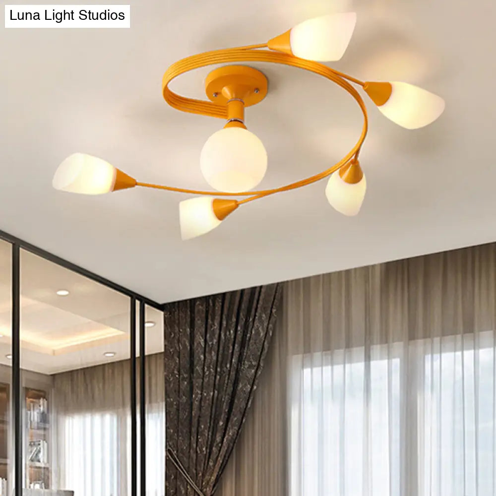 Curly Nordic Iron Semi Flush Mount Ceiling Light With Glass Shades In Grey/Pink/Yellow - 4/6-Head