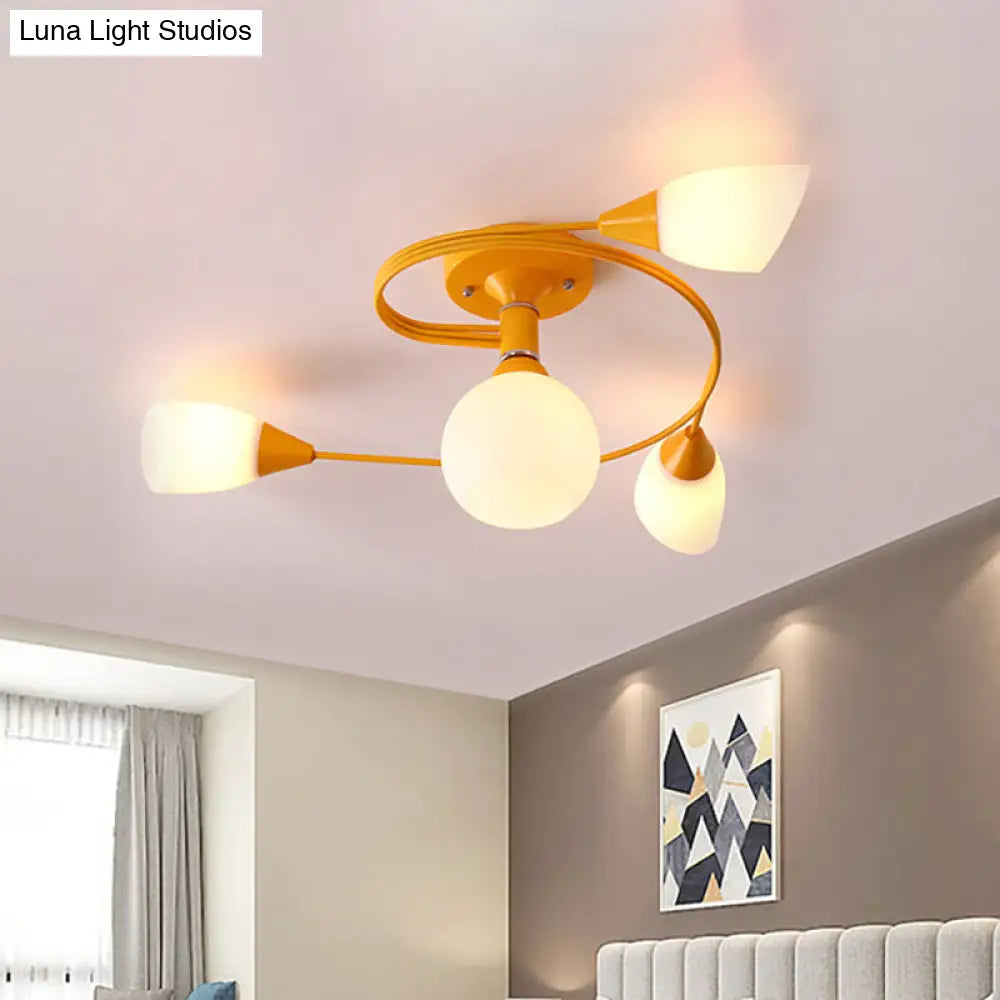 Curly Nordic Iron Semi Flush Mount Ceiling Light With Glass Shades In Grey/Pink/Yellow - 4/6-Head