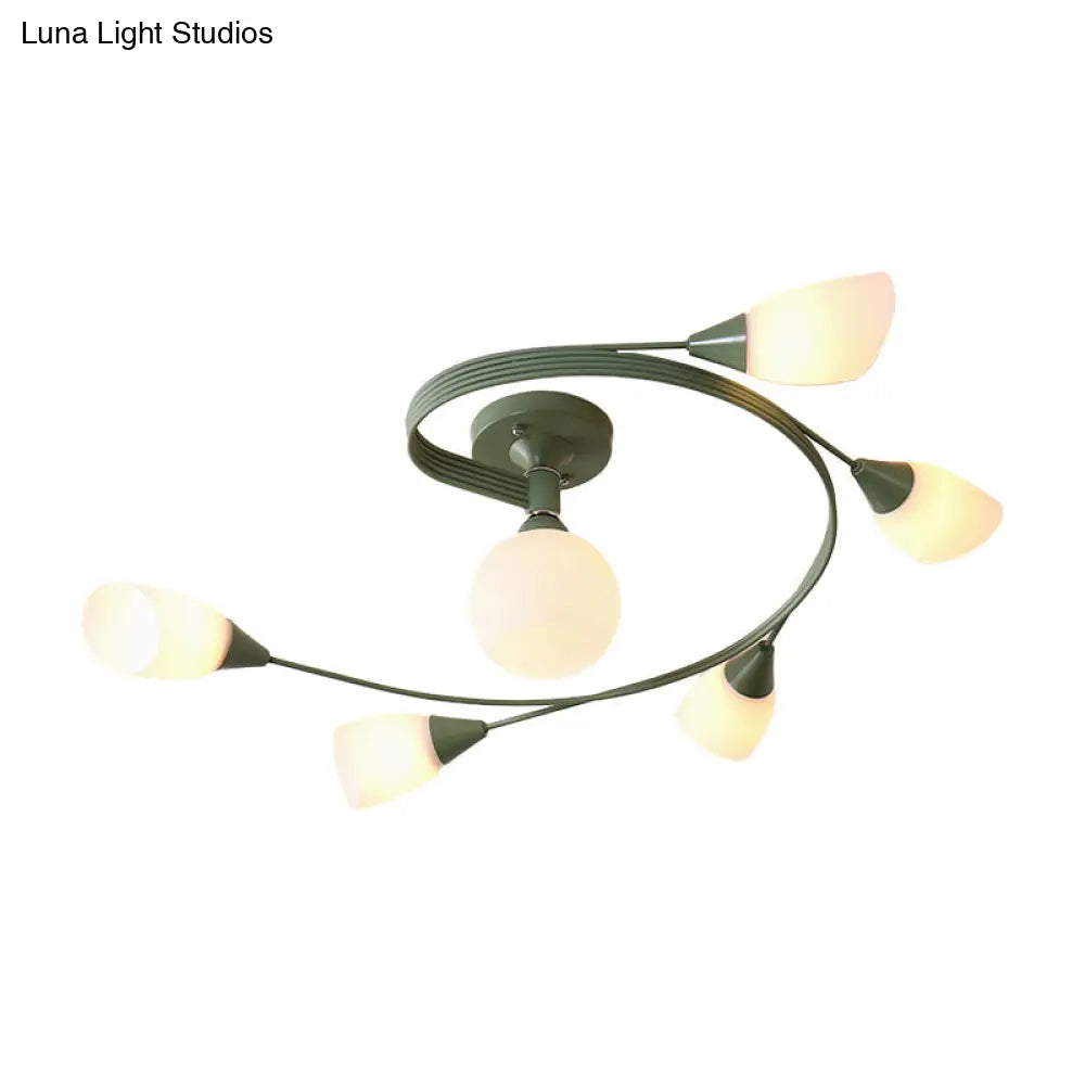 Curly Nordic Iron Semi Flush Mount Ceiling Light With Glass Shades In Grey/Pink/Yellow - 4/6-Head