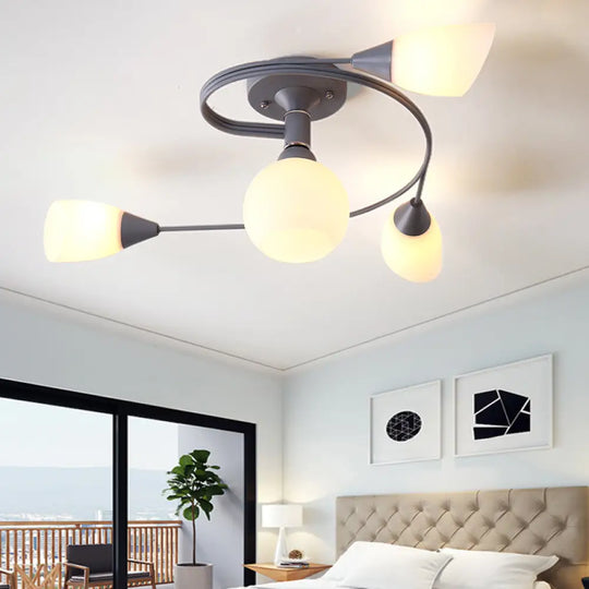 Curly Semi Flush Mount Ceiling Lamp With Nordic Iron & White Glass Shade - 4/6 Head Options In Grey