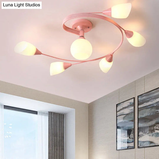 Curly Nordic Iron Semi Flush Mount Ceiling Light With Glass Shades In Grey/Pink/Yellow - 4/6-Head