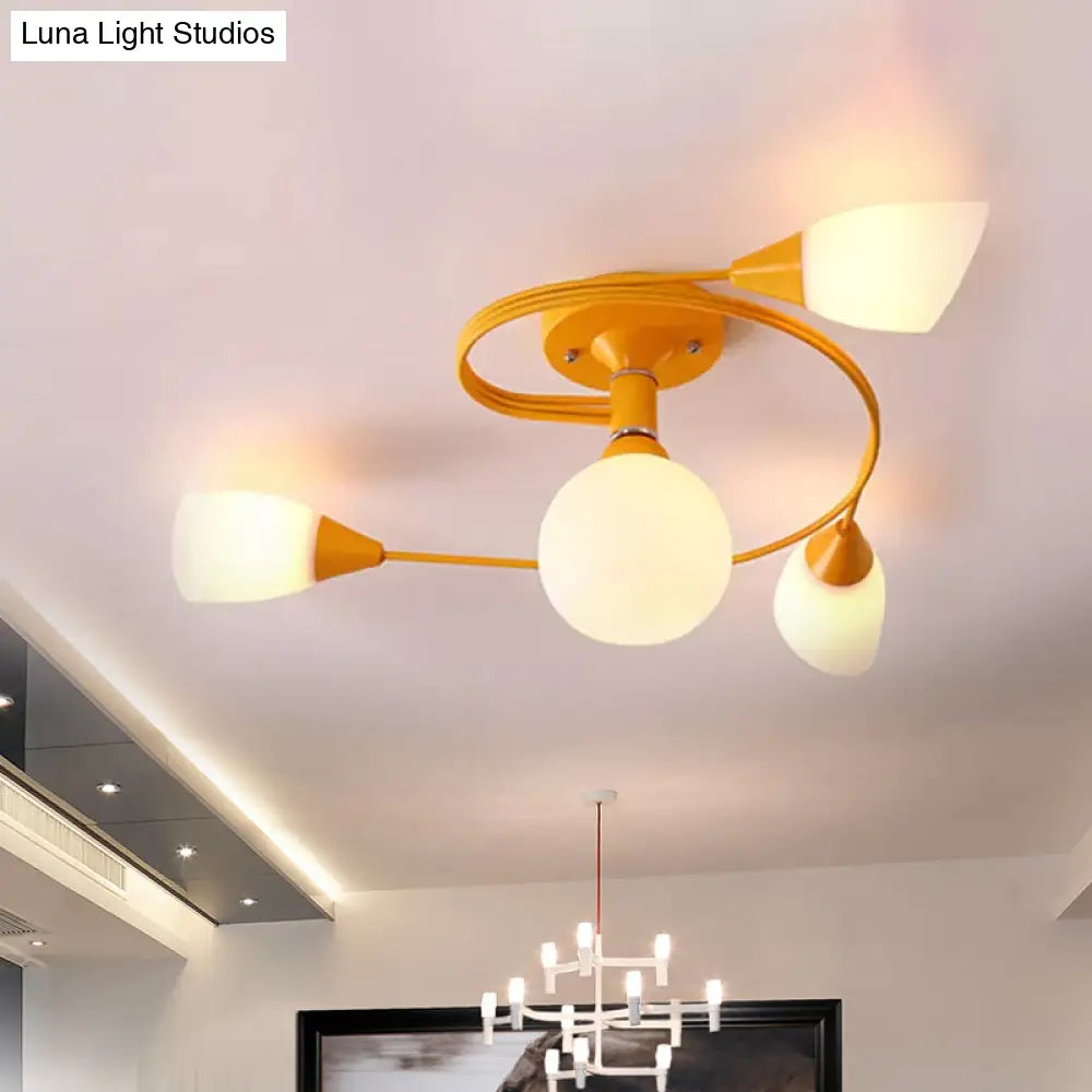 Curly Nordic Iron Semi Flush Mount Ceiling Light With Glass Shades In Grey/Pink/Yellow - 4/6-Head