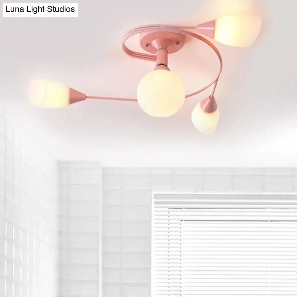 Curly Nordic Iron Semi Flush Mount Ceiling Light With Glass Shades In Grey/Pink/Yellow - 4/6-Head