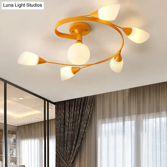 Curly Semi Flush Mount Ceiling Lamp With Nordic Iron & White Glass Shade - 4/6 Head Options In Grey