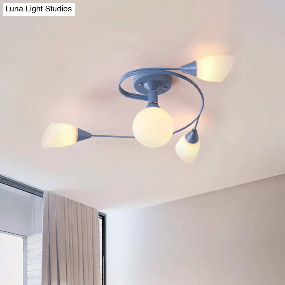 Curly Nordic Iron Semi Flush Mount Ceiling Light With Glass Shades In Grey/Pink/Yellow - 4/6-Head