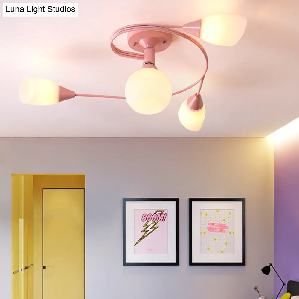 Curly Nordic Iron Semi Flush Mount Ceiling Light With Glass Shades In Grey/Pink/Yellow - 4/6-Head