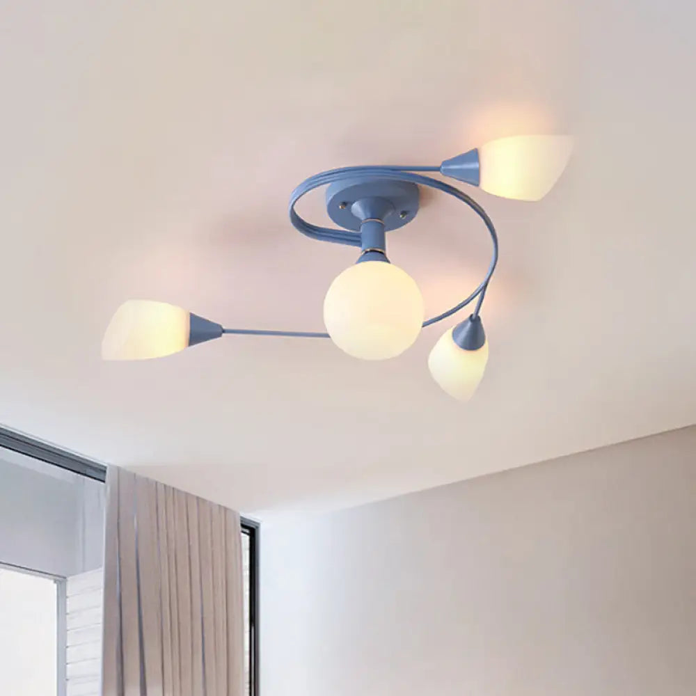 Curly Semi Flush Mount Ceiling Lamp With Nordic Iron & White Glass Shade - 4/6 Head Options In Grey