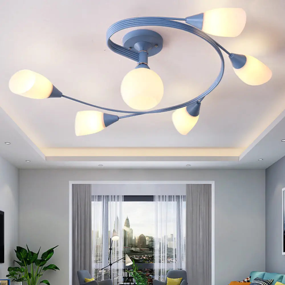 Curly Semi Flush Mount Ceiling Lamp With Nordic Iron & White Glass Shade - 4/6 Head Options In Grey