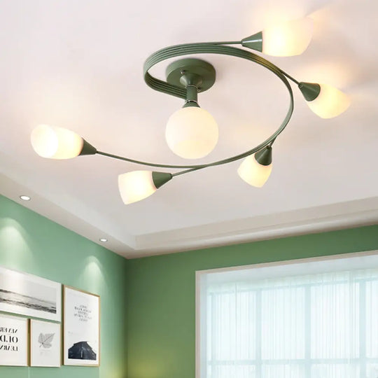 Curly Semi Flush Mount Ceiling Lamp With Nordic Iron & White Glass Shade - 4/6 Head Options In Grey