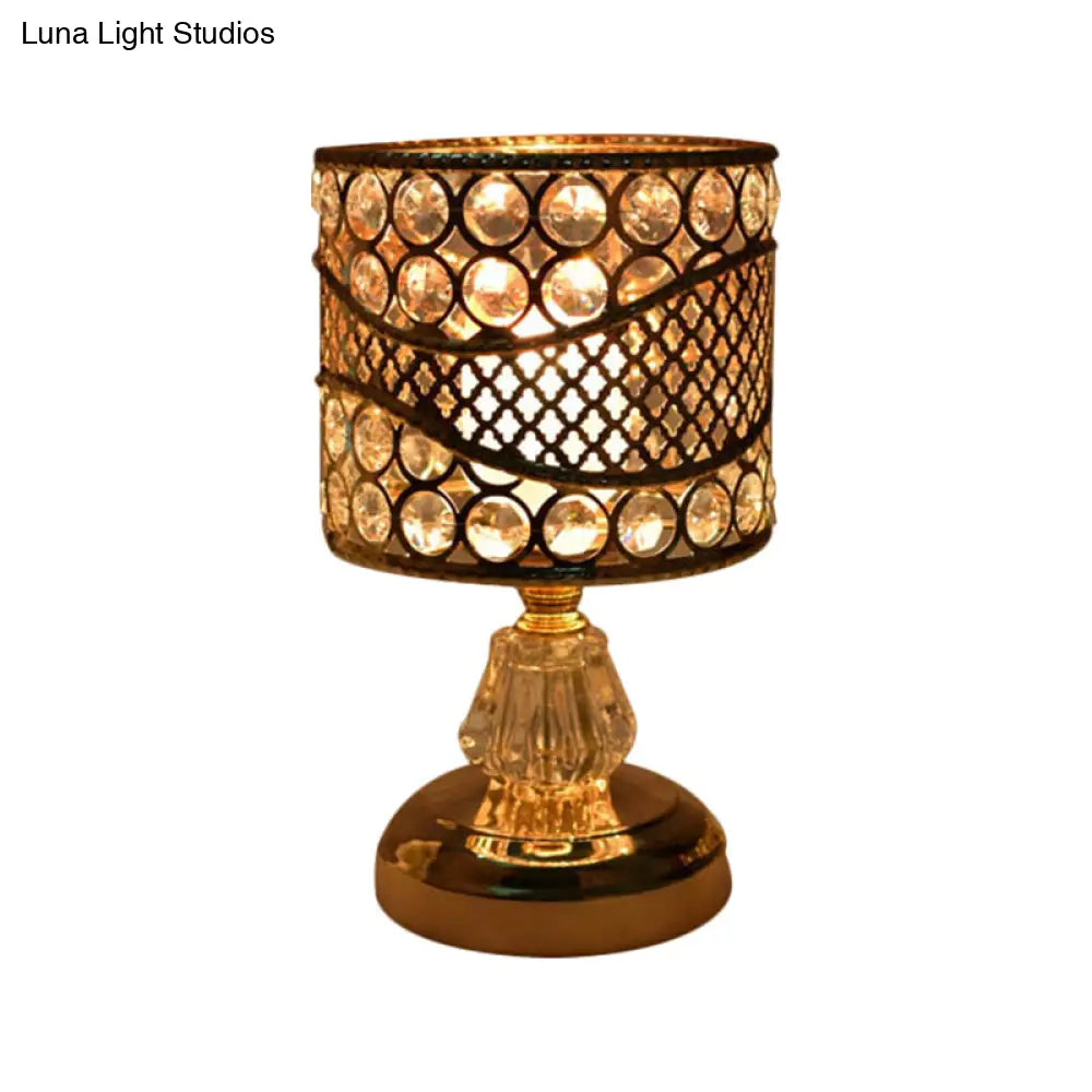 Modern Crystal Encrusted Nightstand Lamp - Cylinder/Round/Square Design Gold Finish Single Bulb