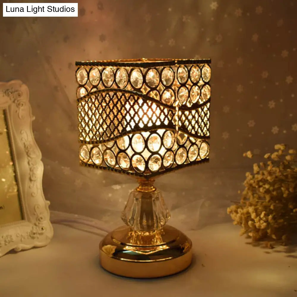 Modern Crystal Encrusted Nightstand Lamp - Cylinder/Round/Square Design Gold Finish Single Bulb /