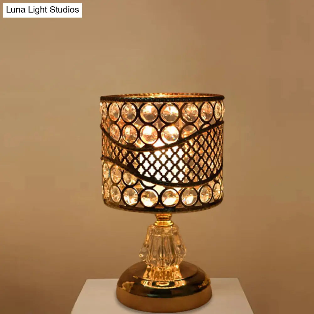 Modern Crystal Encrusted Nightstand Lamp - Cylinder/Round/Square Design Gold Finish Single Bulb