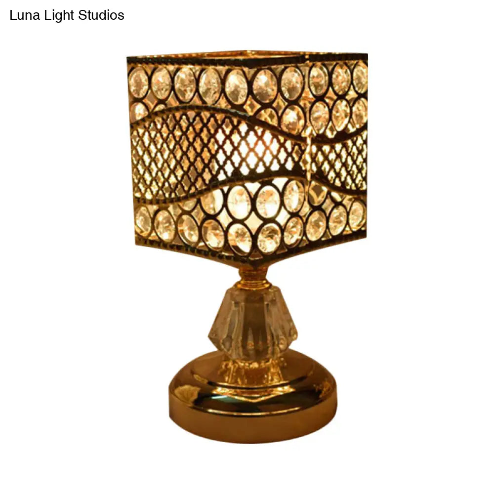 Modern Crystal Encrusted Nightstand Lamp - Cylinder/Round/Square Design Gold Finish Single Bulb