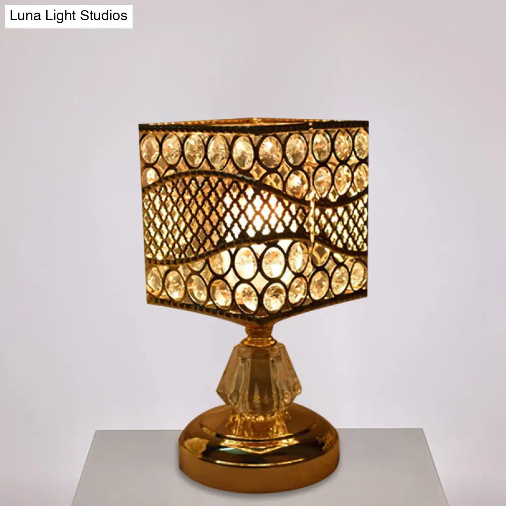 Modern Crystal Encrusted Nightstand Lamp - Cylinder/Round/Square Design Gold Finish Single Bulb