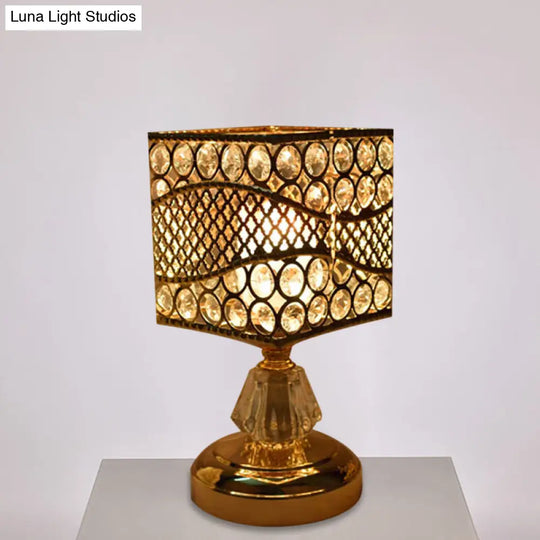 Modern Crystal Encrusted Nightstand Lamp - Cylinder/Round/Square Design Gold Finish Single Bulb