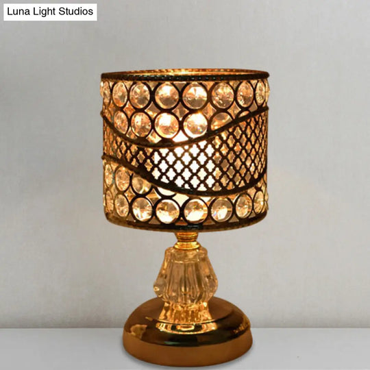 Modern Crystal Encrusted Nightstand Lamp - Cylinder/Round/Square Design Gold Finish Single Bulb /