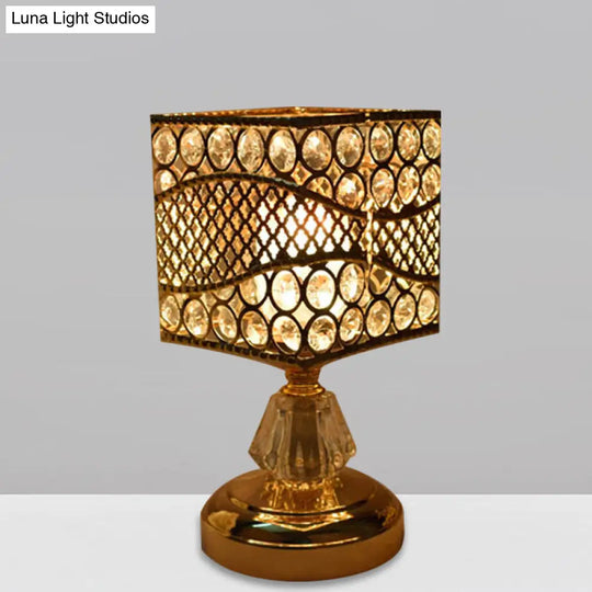 Modern Crystal Encrusted Nightstand Lamp - Cylinder/Round/Square Design Gold Finish Single Bulb