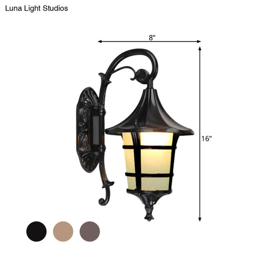 Curved Arm 1-Light Metal Sconce With White Glass Shade - Lodge Style Design In Black/Coffee/Bronze