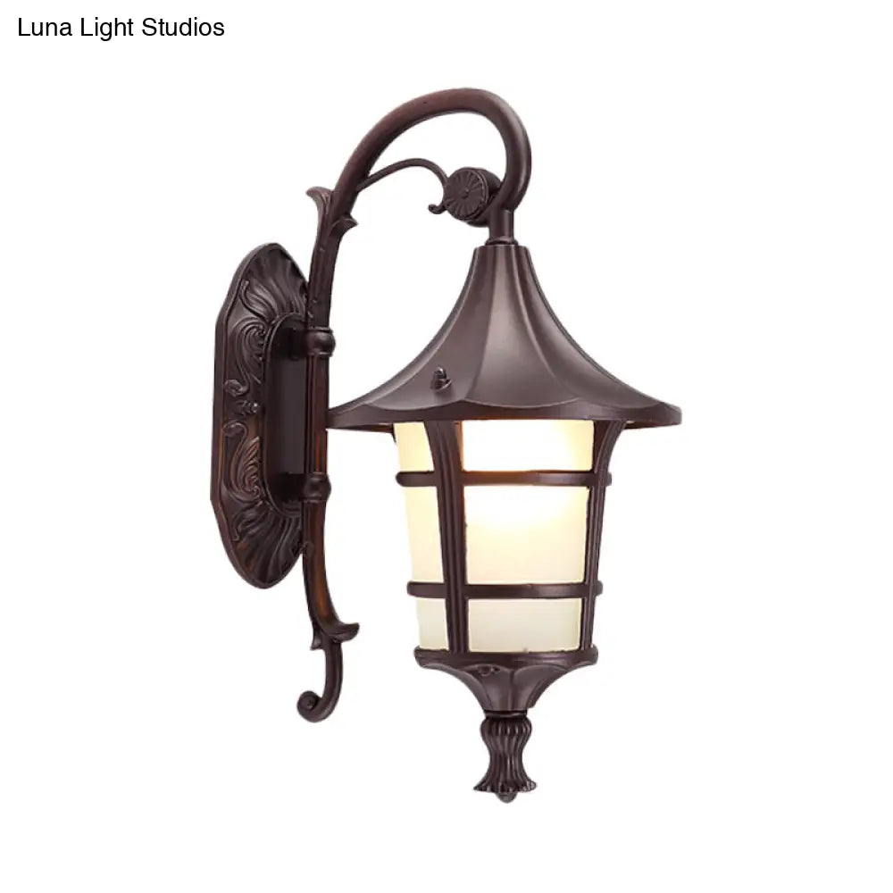 Curved Arm 1-Light Metal Sconce With White Glass Shade - Lodge Style Design In Black/Coffee/Bronze