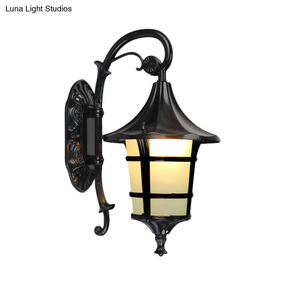 Curved Arm 1-Light Metal Sconce With White Glass Shade - Lodge Style Design In Black/Coffee/Bronze