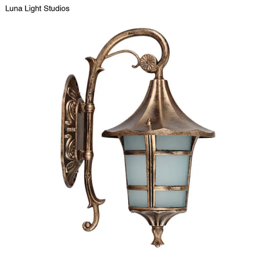 Curved Arm 1-Light Metal Sconce With White Glass Shade - Lodge Style Design In Black/Coffee/Bronze