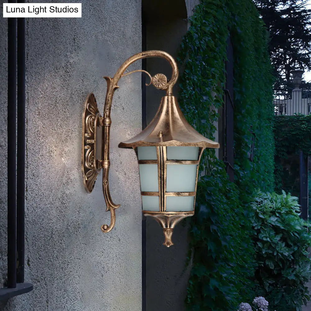 Curved Arm 1-Light Metal Sconce With White Glass Shade - Lodge Style Design In Black/Coffee/Bronze