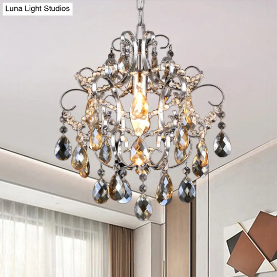 Curved Arm Crystal Drops Chandelier In Polish Chrome Finish