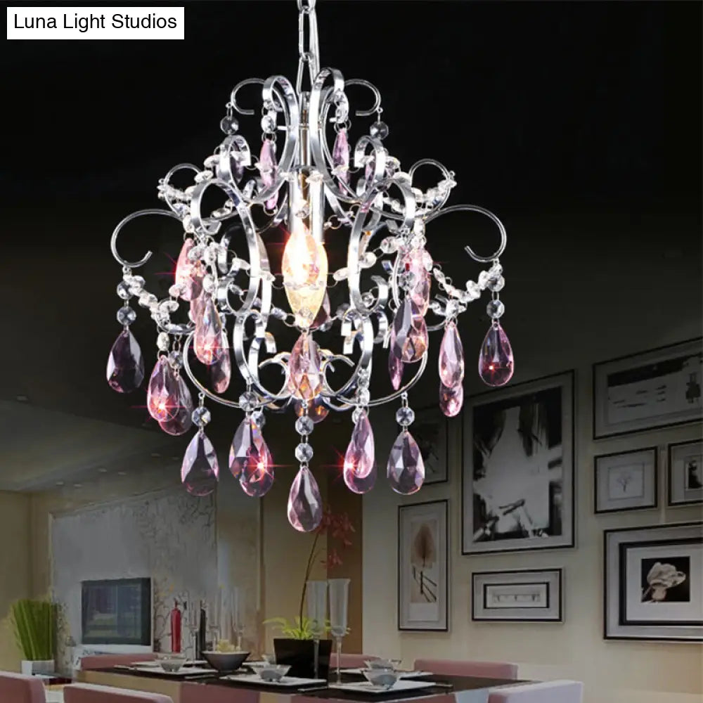 Polished Chrome Crystal Chandelier With Curved Arms Pink
