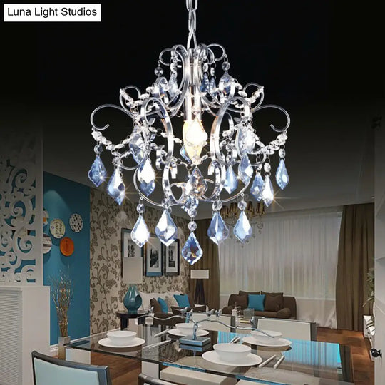 Polished Chrome Crystal Chandelier With Curved Arms Blue