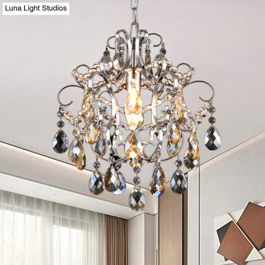 Polished Chrome Crystal Chandelier With Curved Arms