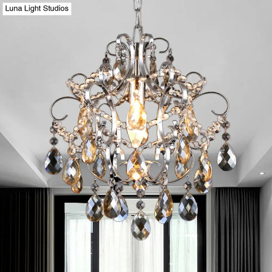 Polished Chrome Crystal Chandelier With Curved Arms Amber