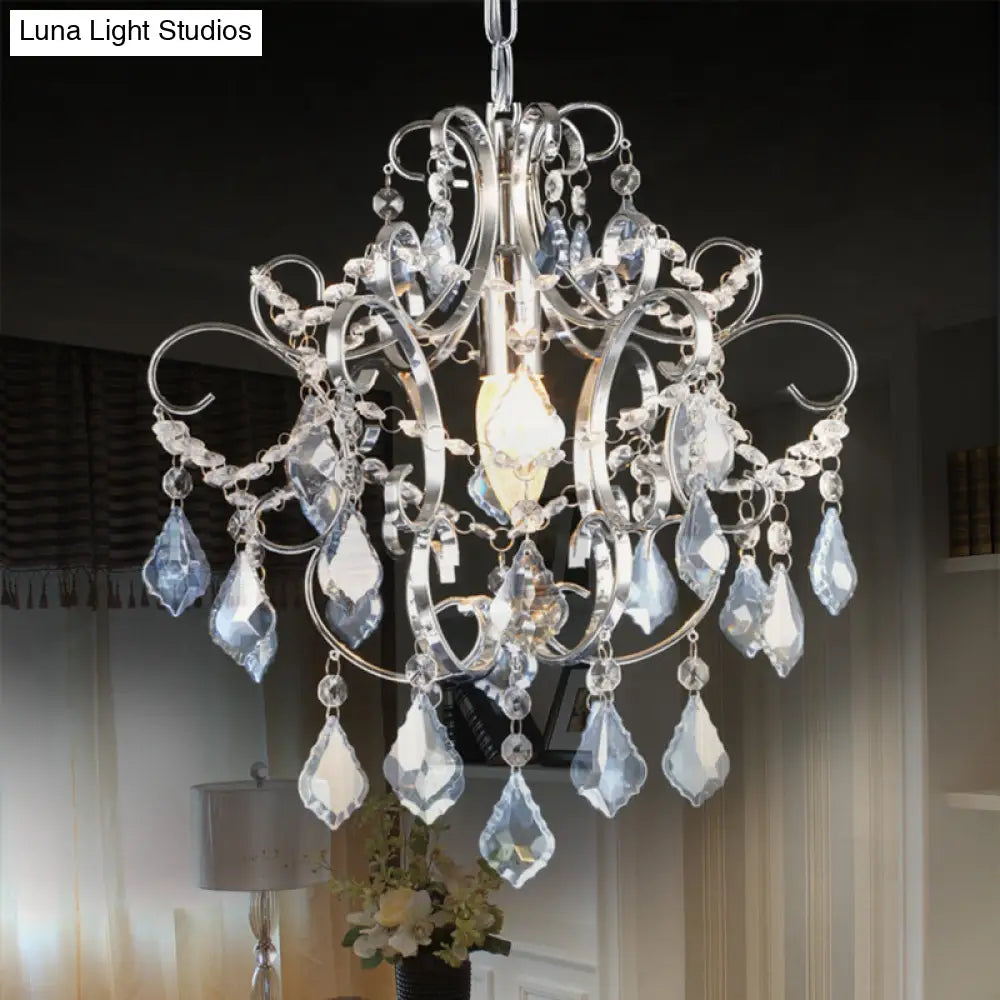 Curved Arm Crystal Drops Chandelier In Polish Chrome Finish