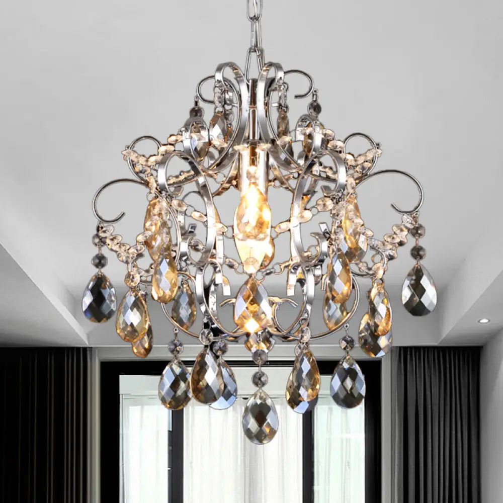 Curved Arm Crystal Drops Chandelier In Polish Chrome Finish Amber