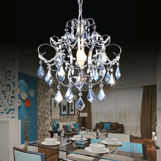 Curved Arm Crystal Drops Chandelier In Polish Chrome Finish Blue