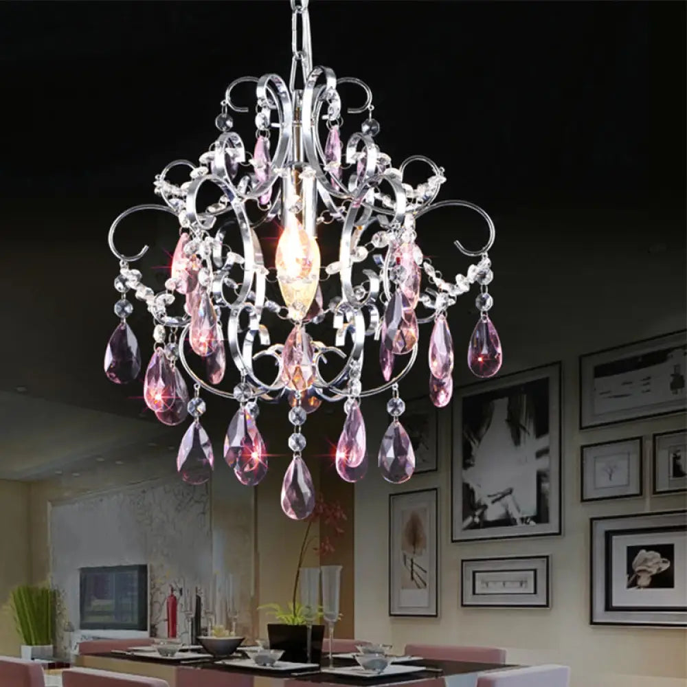 Curved Arm Crystal Drops Chandelier In Polish Chrome Finish Pink