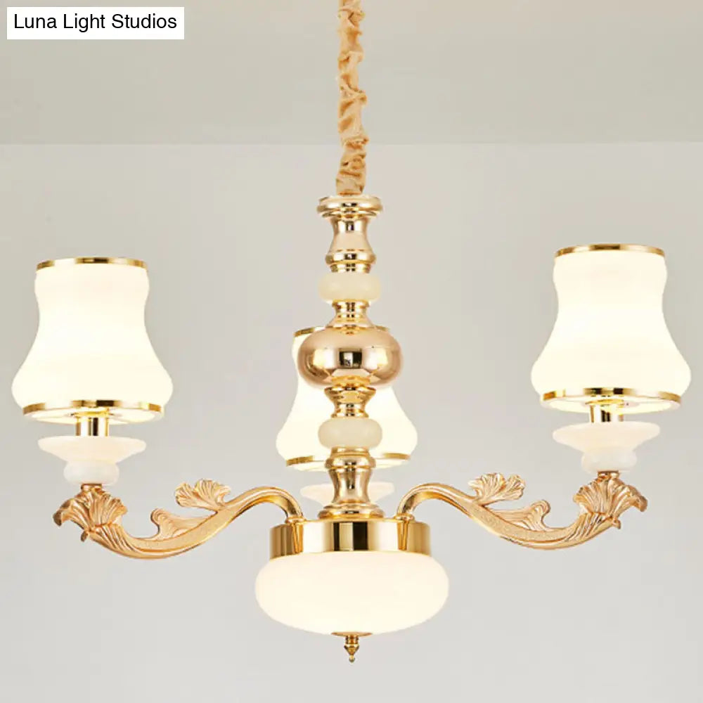 Curved Arm Metal Chandelier With Opal Glass Shade - Modern Hanging Lamp For Living Room