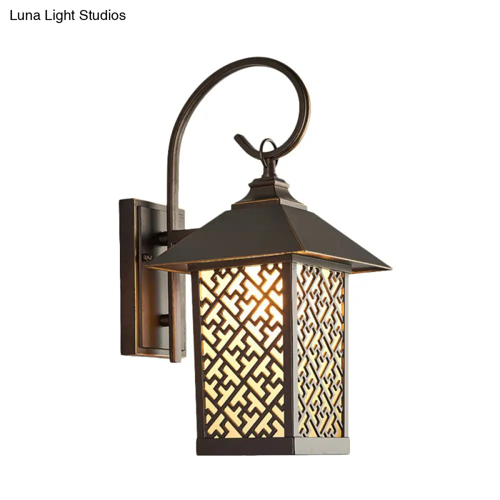 Curved Arm Sconce Light - Frosted Glass Wall Mount Outdoor Lighting With Rural Coffee Finish