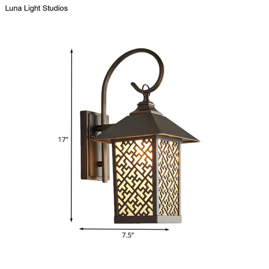 Curved Arm Sconce Light - Frosted Glass Wall Mount Outdoor Lighting With Rural Coffee Finish