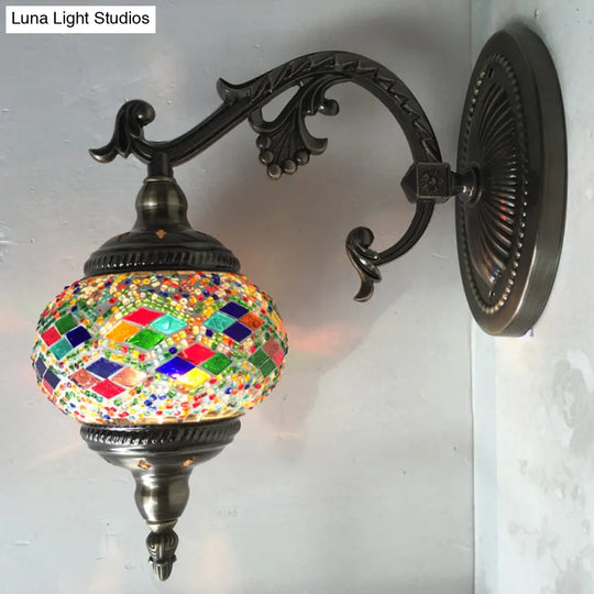 Curved Arm Sconce Light: Traditional Metal 1-Head Bronze Wall Lamp With Ball Yellow/Green Glass