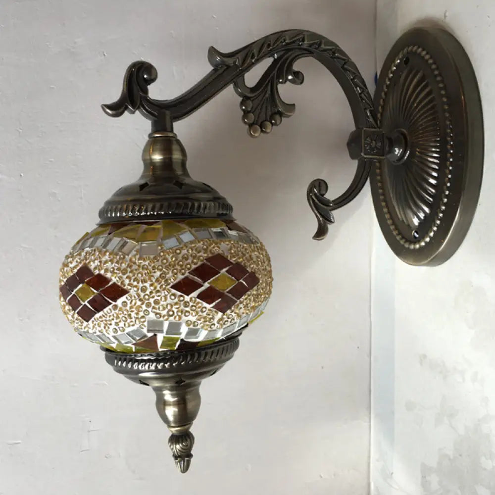 Curved Arm Sconce Light: Traditional Metal 1-Head Bronze Wall Lamp With Ball Yellow/Green Glass