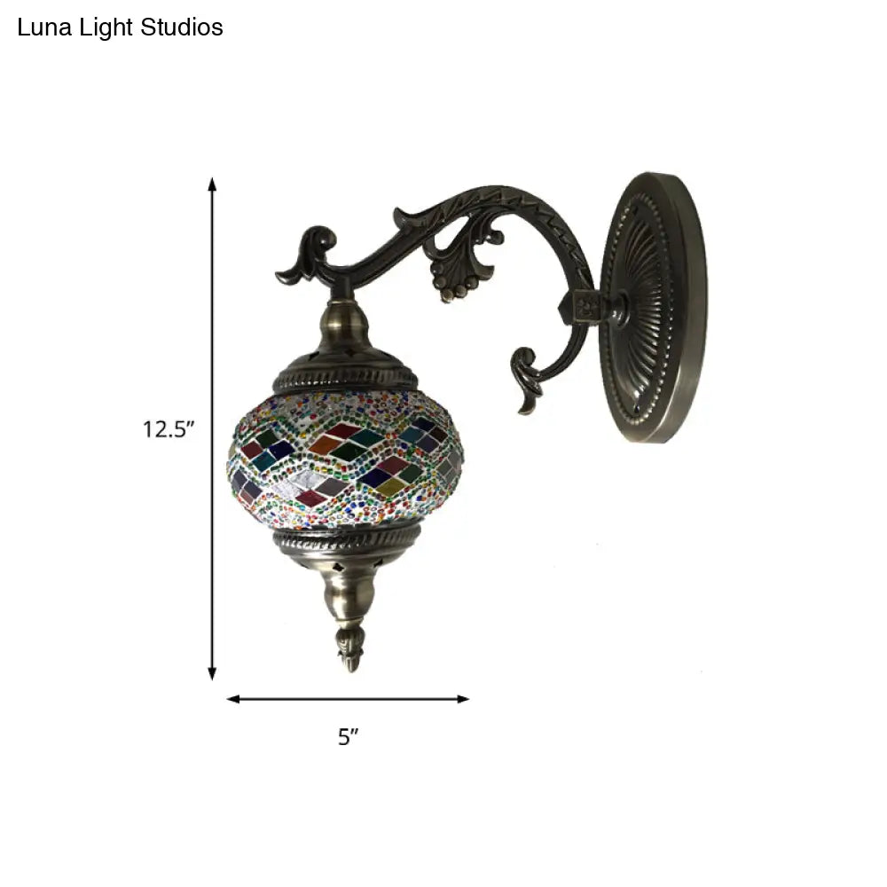 Curved Arm Sconce Light: Traditional Metal 1-Head Bronze Wall Lamp With Ball Yellow/Green Glass