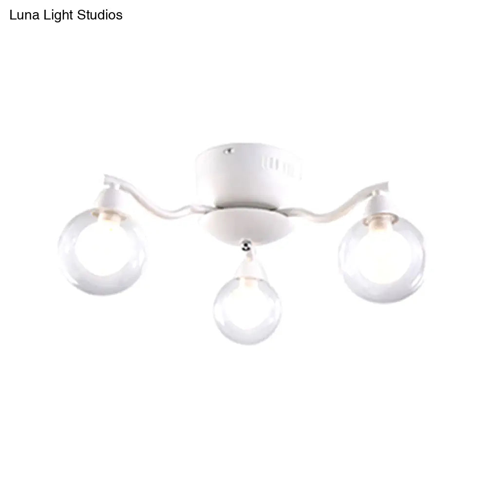 Curved Arm Semi Flush Clear Globe Chandelier For Dining Room - White Ceiling Mount
