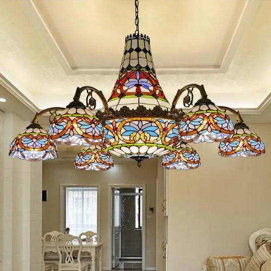 Curved Arm Stained Glass Chandelier - 11 Lights Mediterranean Ceiling Light In Pink/Blue/Purplish