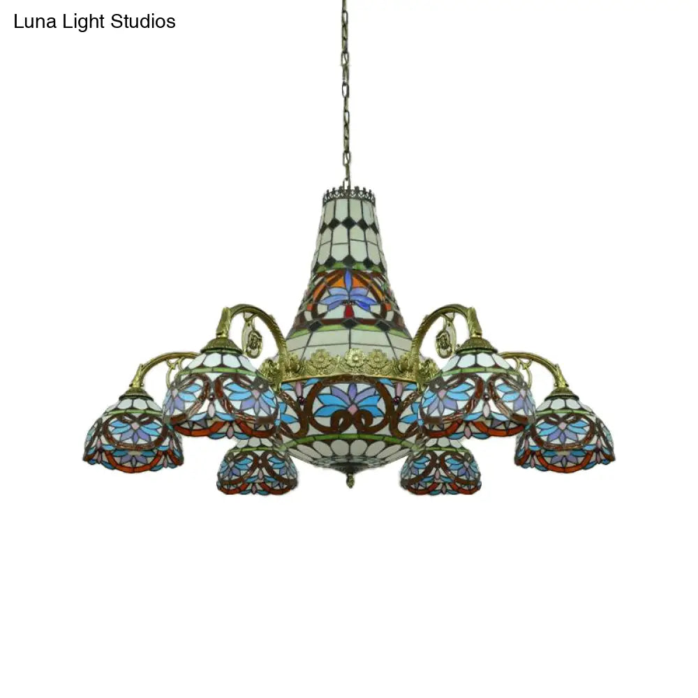 Curved Arm Stained Glass Chandelier - 11 Lights Mediterranean Ceiling Light In Pink/Blue/Purplish