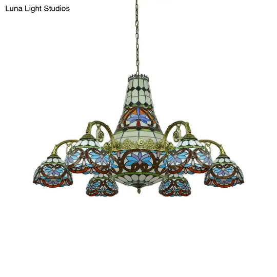 Curved Arm Stained Glass Chandelier - 11 Lights Mediterranean Ceiling Light In Pink/Blue/Purplish