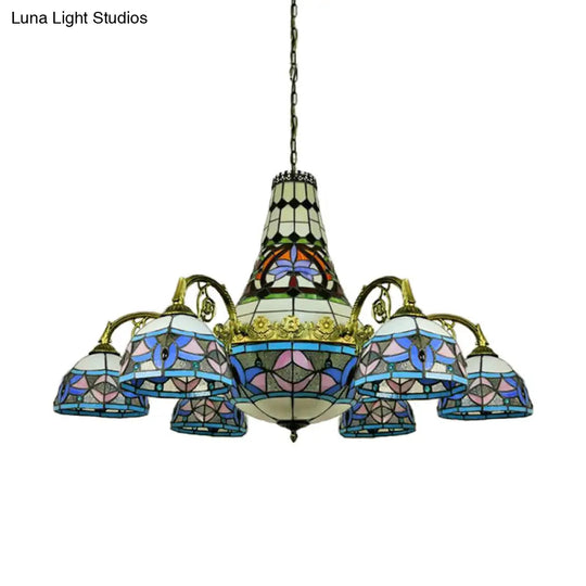 Stained Glass Mediterranean Chandelier - Curved Arm Ceiling Light With 11 Pink & Blue/Purplish Blue