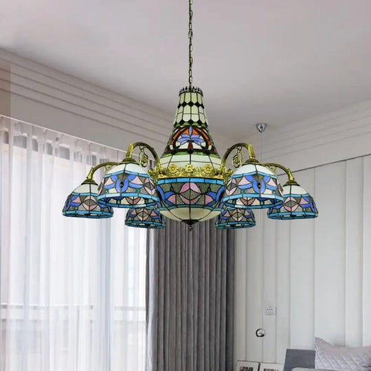 Curved Arm Stained Glass Chandelier - 11 Lights Mediterranean Ceiling Light In Pink/Blue/Purplish