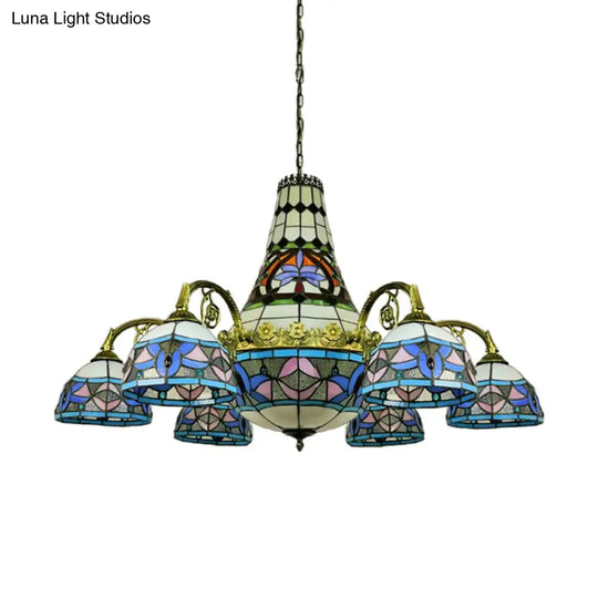 Curved Arm Stained Glass Chandelier - 11 Lights Mediterranean Ceiling Light In Pink/Blue/Purplish